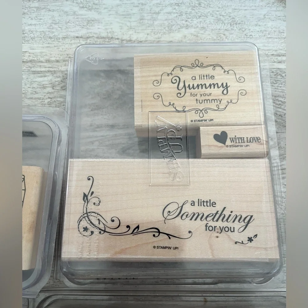 3 Sets Wooden Rubber Stamp Sets - food, treat bags, special tags, cards, crafts